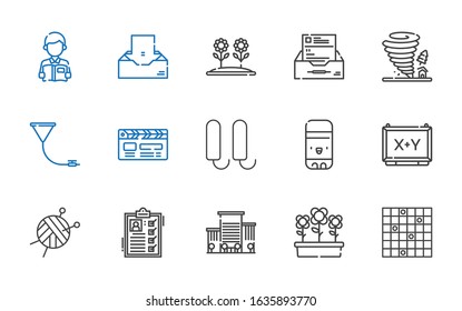 clip icons set. Collection of clip with tic tac toe, flowers, office, list, wool ball, board, glue stick, tampon, clapperboard, funnel, tornado. Editable and scalable clip icons.