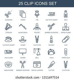 clip icons. Trendy 25 clip icons. Contain icons such as scissors, paper, pin, cup with heart, milk, stapler, blowtorch, rocket, barber scissors. clip icon for web and mobile.