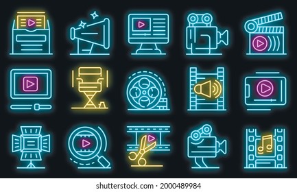 Clip maker icons set. Outline set of clip maker vector icons neon color on black