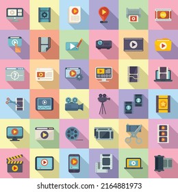 Clip montage icons set flat vector. Studio film. Movie production