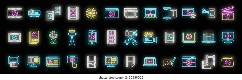 Clip montage icons set outline vector. Studio film. Movie production neon color on black