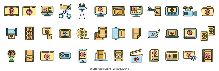 Clip montage icons set outline vector. Studio film. Movie production thin line color flat on white