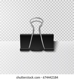 Clip on office post note isolated on transparent background. Paper metal blinder attach with shadow. Vector silver paperclip on memo for advertising design.