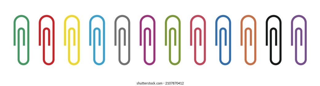 Clip paper. Flat paperclip for memo and office. Metal staple for attach of paper. Supplies for school. Color stationery isolated on white background. Set of holder or clamp. Vector.