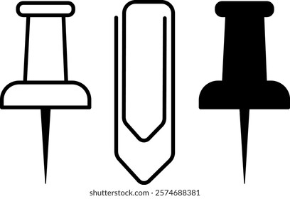 Clip and Pin Icons. Black and White Vector Icon. Stationery. Office Concept