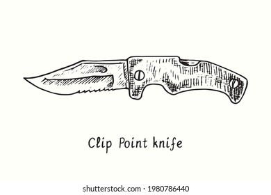 Tipo de cuchillo de punto de clip. Ilustración del esquema de dibujo en blanco y negro con tinta
