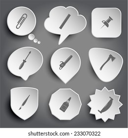clip, ruler, push pin, screwdriver, gasoline-powered saw, axe, brush, glue bottle, two-handled saw. White vector buttons on gray.