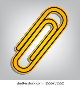 Clip sign illustration. Flat orange icon with overlapping linear black icon with gray shadow at whitish background. Illustration.