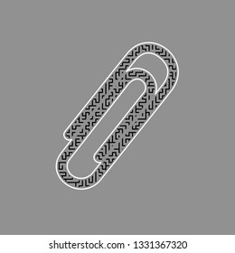Clip sign illustration. Vector. Black maze filled icon with white border at gray background.