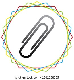 Clip sign illustration. Vector. Black icon with patch of light inside colorful hexagonal frames at white background.