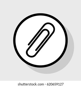 Clip sign illustration. Vector. Flat black icon in white circle with shadow at gray background.