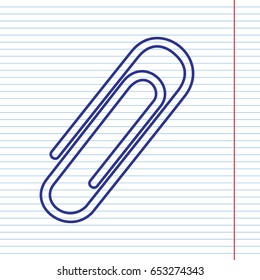 Clip sign illustration. Vector. Navy line icon on notebook paper as background with red line for field.