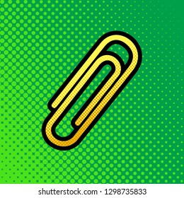 Clip sign illustration. Vector. Pop art orange to yellow dots-gradient icon with black contour at greenish background.