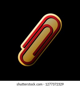 Clip sign illustration. Vector. Red icon with small black and limitless shadows at golden sticker on black background.
