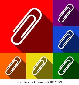 Clip sign illustration. Vector. Set of icons with flat shadows at red, orange, yellow, green, blue and violet background.