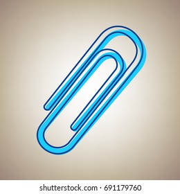 Clip sign illustration. Vector. Sky blue icon with defected blue contour on beige background.