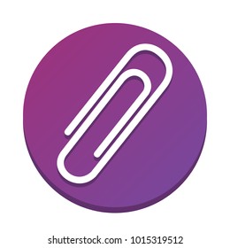 Clip sign illustration. Vector. White icon with flat shadow on purpureus circle at white background. Isolated.