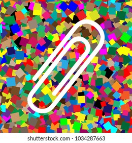 Clip sign illustration. Vector. White icon on colorful background with seamless pattern from squares.