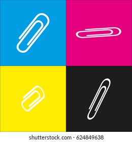 Clip sign illustration. Vector. White icon with isometric projections on cyan, magenta, yellow and black backgrounds.