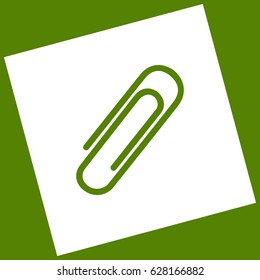 Clip sign illustration. Vector. White icon obtained as a result of subtraction rotated square and path. Avocado background.