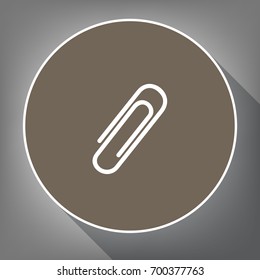 Clip sign illustration. Vector. White icon on brown circle with white contour and long shadow at gray background. Like top view on postament.