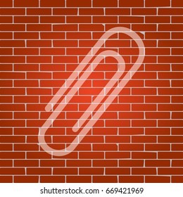 Clip sign illustration. Vector. Whitish icon on brick wall as background.