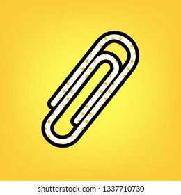 Clip sign illustration. Vector. Yellow polka dot white icon with black contour at warm yellow background.