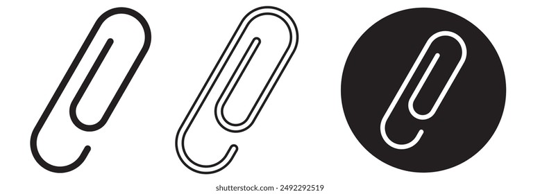 Clip vector icon set. Attach file or document paper clip symbol. Paperclip sign in black color.