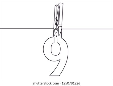 clip wooden peg with numbers 9.Continuous line drawing