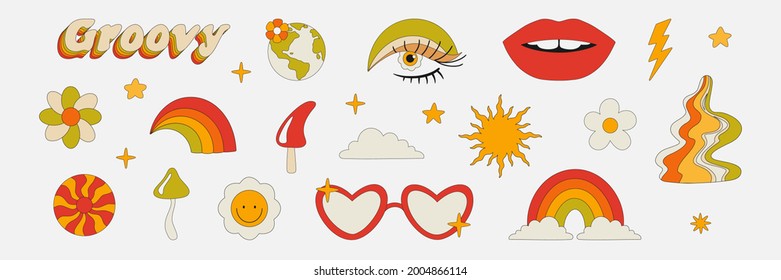 Clipart of the 70s. Hippie style. Vector illustrations in simple linear style. Rainbows, flowers, abstractions, mushrooms, psychedelic style.