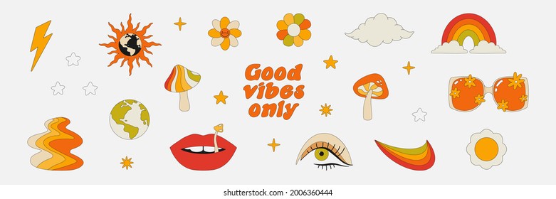 Clipart of the 70s. Hippie style. Vector illustrations in simple linear style. Rainbows, flowers, abstractions, mushrooms, psychedelic style.