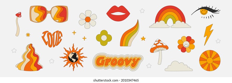 Clipart of the 70s. Hippie style. Vector illustrations in simple linear style. Rainbows, flowers, abstractions, mushrooms, psychedelic style.