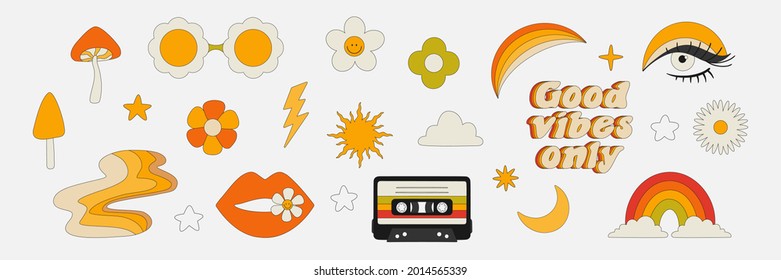 Clipart of the 70s. Hippie style. Vector illustrations in simple linear style. Rainbows, flowers, abstractions, mushrooms, psychedelic style.