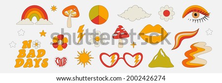 Clipart of the 70s. Hippie style. Vector illustrations in simple linear style. Rainbows, flowers, abstractions, mushrooms, psychedelic style.