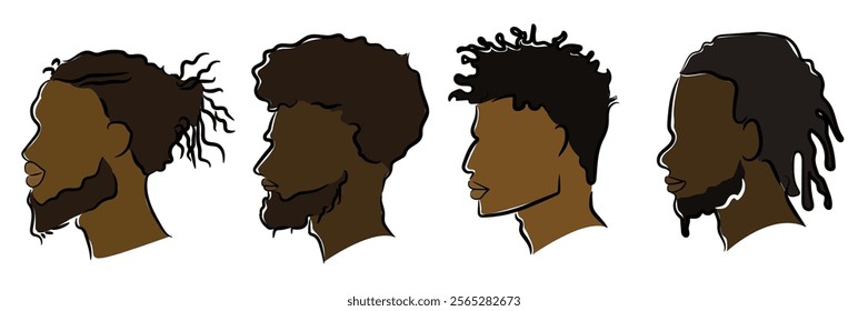 Clipart of African American Men. Abstract Vector Illustration Art of Male Afro American Faces with Type C Hair and Beard, Clip Art for Logo.