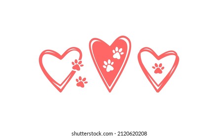 Clipart for animal lovers. Tree pink hearts with animal pawprints. 
Flat vector design. Isolated on white background.