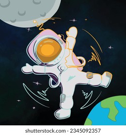 Clipart of an astronaut with spacesuit floating in space with cosmic view. Cartoon vector icon illustration. Science technology icon concept isolated vector. Flat cartoon style.