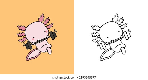 Clipart Axolotl Athlete Multicolored and Black and White. Cute Salamander Sportsman. Vector Illustration of a Kawaii Animal for Stickers, Baby Shower, Coloring Pages, Prints for Clothes.
