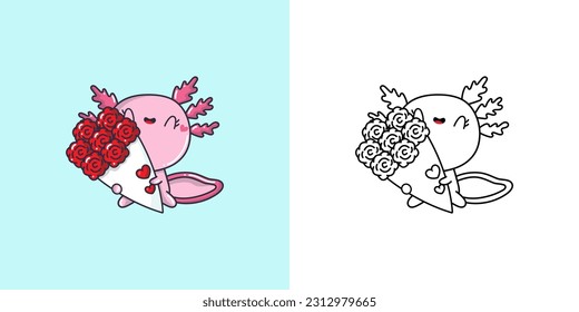 Clipart Axolotl and Black and White Illustration. Cute Clip Art Salamander. Vector Illustration of a Kawaii Animal for Stickers, Baby Shower, Coloring Pages, Prints for Clothes.
