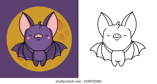 Clipart Bat Multicolored and Black and White. Cute Clip Art Flittermouse. Vector Illustration of a Kawaii Animal for Stickers, Baby Shower, Coloring Pages, Prints for Clothes.
 svg
