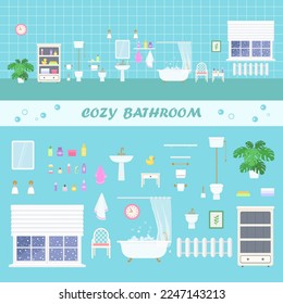 Clipart bathroom interior with retro bathtub, toilet bowl, bidet, sink and accessories on blue background. Home interior concept. Cartoon flat style. Vector illustration