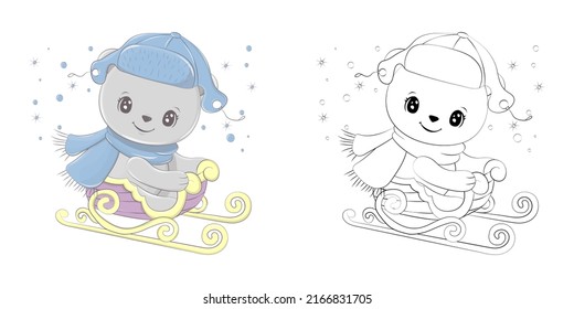 Clipart Bear Multicolored and Black and White. Cute Clip Art Bear Sledding. Vector Illustration of an Animal for Stickers, Baby Shower, Coloring Pages, Prints for Clothes