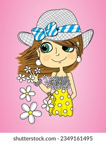 Clipart de una bella chica con ojos bonitos y un sombrero con arco y flores