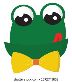 Clipart of a beautiful green frog with its tongue stuck out has two eyes and is wearing a neck bowtie looks cute  vector  color drawing or illustration