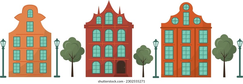 Clipart with beautiful houses and lanterns. High quality vector illustration.