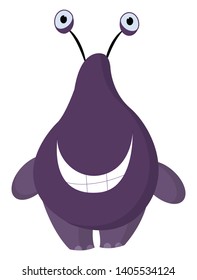 Clipart of the big and happiest purple monster with an oval-shaped body has two projecting eyes and laughs while standing with its pillar-like legs, vector, color drawing or illustration. 