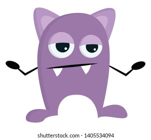 Clipart of a big tired purple monster with two fang white teeth projecting outside and hands wide opened looks weary while standing, vector, color drawing or illustration. 