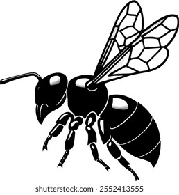 Clipart black bee isolated on white background. Graphic illustration of insect silhouette vector drawing for honey products, package, design.