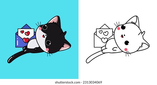 Clipart Black Cat and Black and White Illustration. Cute Clip Art Cat. Vector Illustration of a Kawaii Animal for Stickers, Baby Shower, Coloring Pages, Prints for Clothes.
