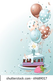 Clipart blue  lustration of a Slice Of  Birthday Cake With Balloons And Confetti